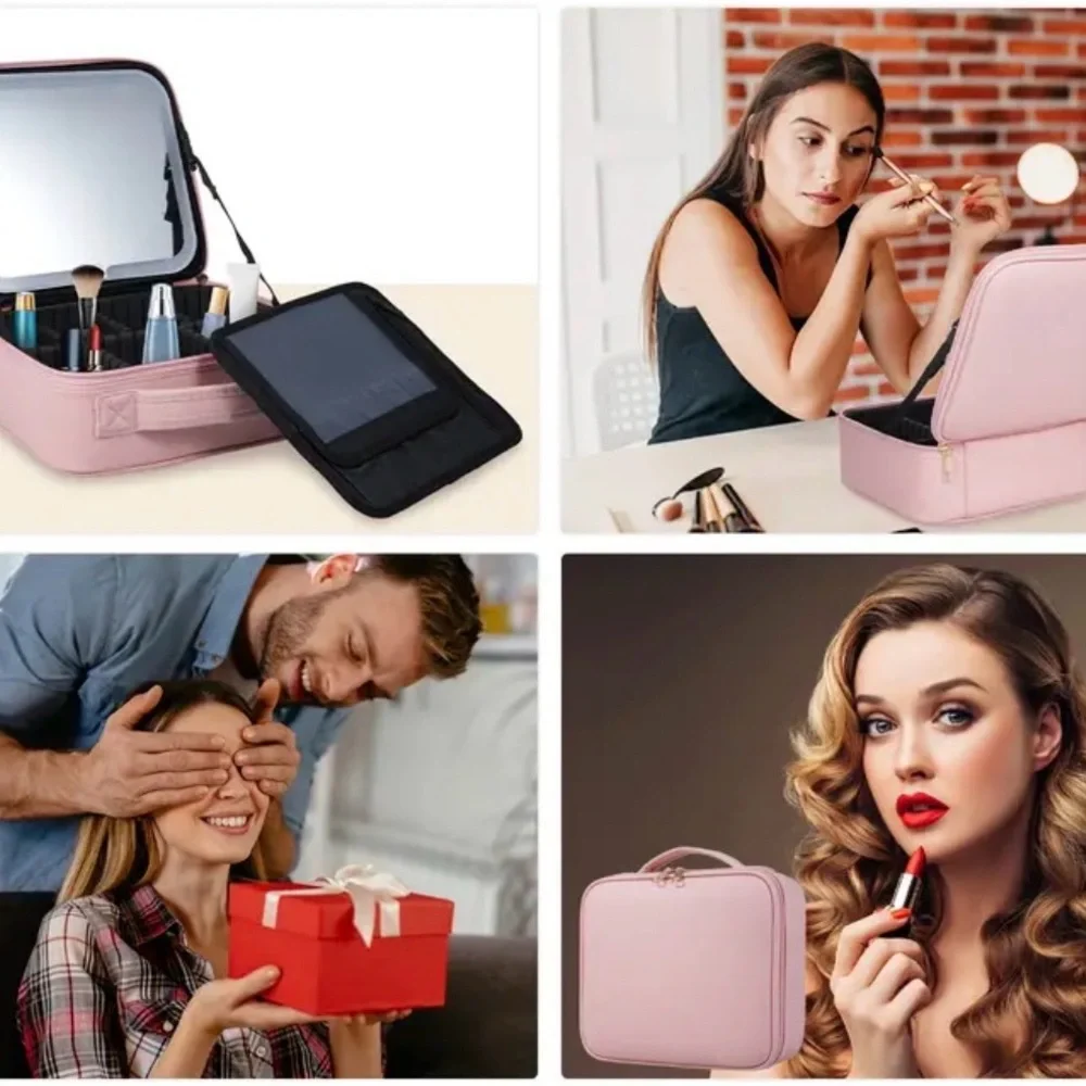 Cosmetic Storage Bag With LED Light Partition Organizer Large Travel Pink